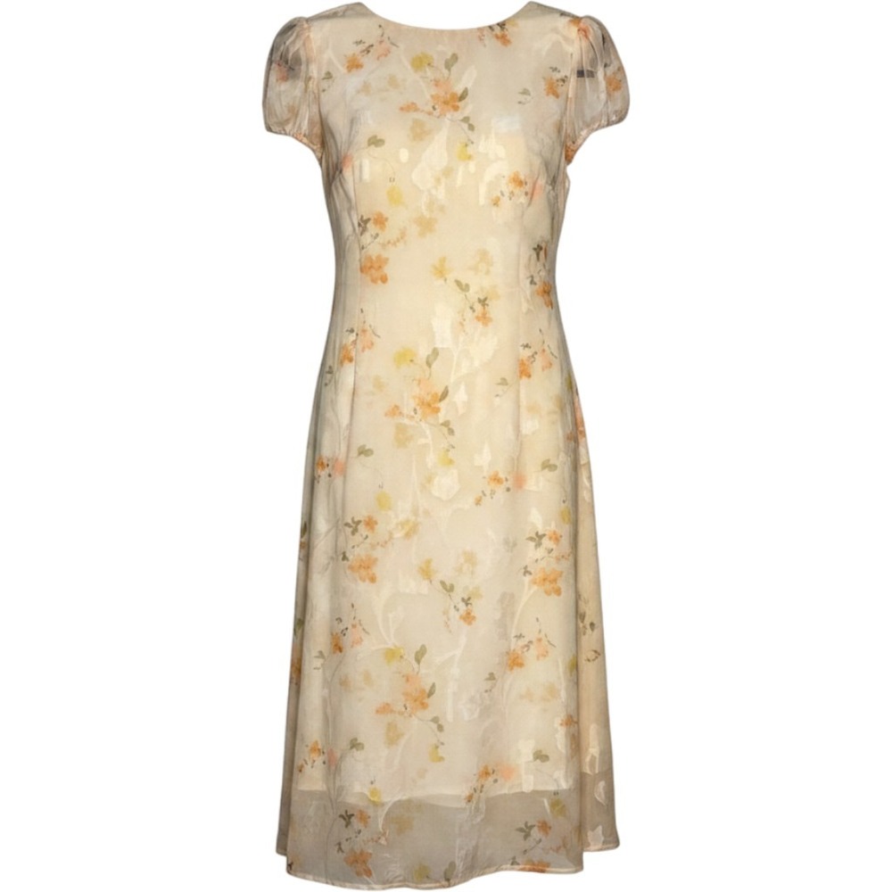 Rihoas Yellow Floral Burnout Sheer Jacquard‎ Puff Sleeve Midi Dress Large Fairy